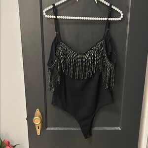 Black Fringe faux suede bodysuit with gold detail